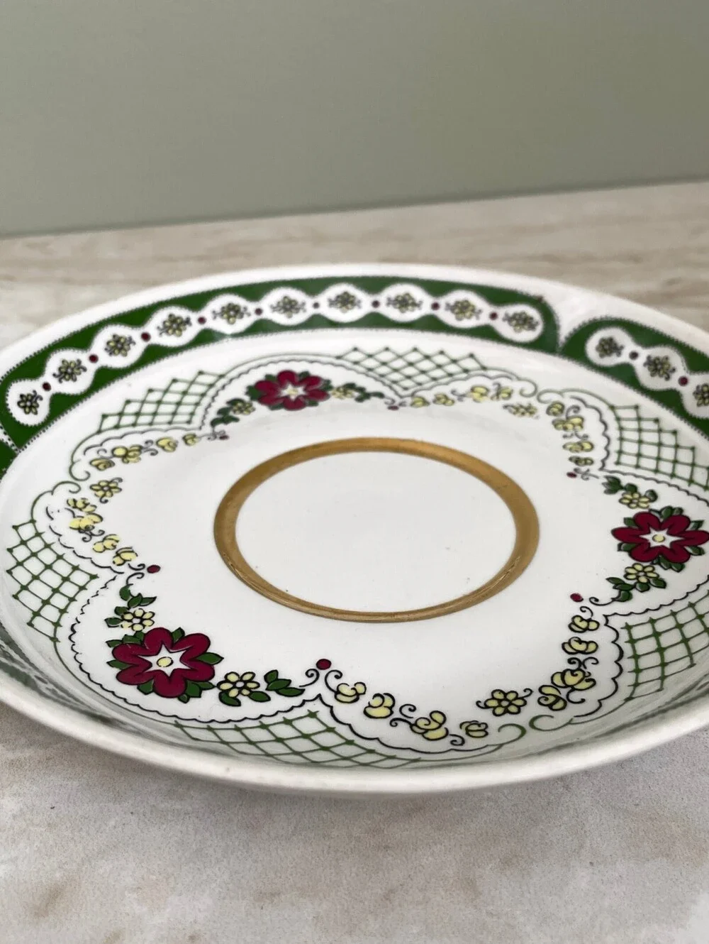 Vintage USSR Soviet Porcelain Saucer | Green Floral Gold Trim Collectible